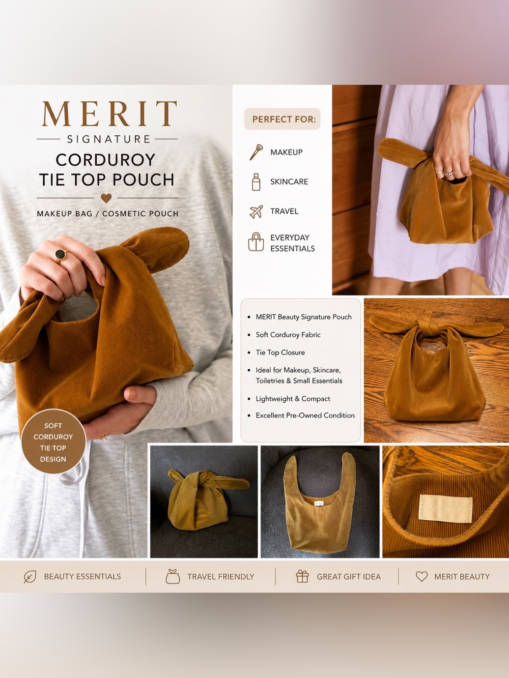 MERIT Signature Corduroy Tie Top Makeup Bag Cosmetic Pouch Brown